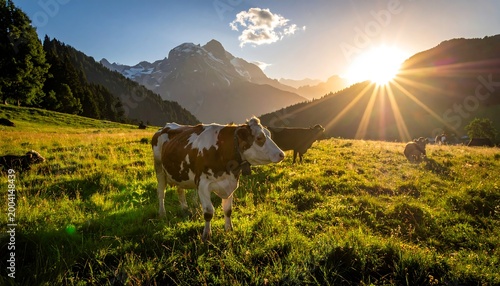 Cows graze in a sunlit alpine meadow