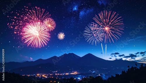 Spectacular Fireworks Display Illuminates Night Sky Over Mountainous Landscape.