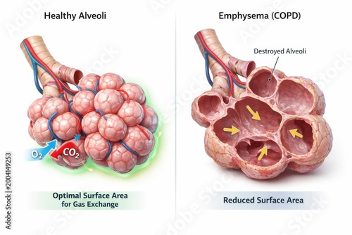 Lungs medical illustration comparing healthy alveoli with emphysema damaged air sacs, visible tissue rupture and surface loss, educational respiratory pathology visualization on clean white background