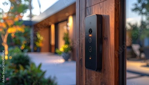 Smart Video Doorbell Mounted on Wooden Post at Modern Home Entrance.