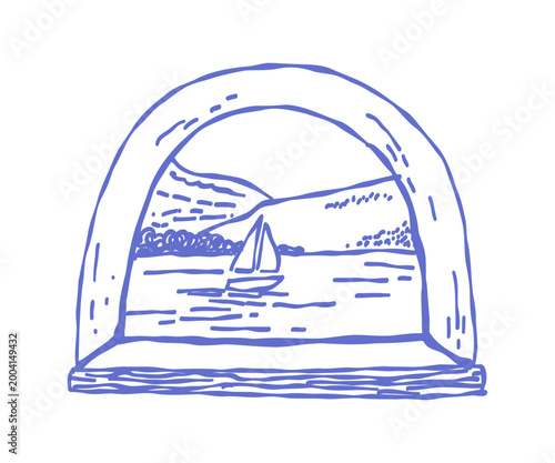 Mediterranean Amalfi landscape with view of mountains, sea and boat. Whimsical doodle illustration.