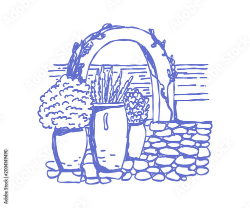 Amalfi Mediterranean landscape with sea view and potted plants. Whimsical doodle illustration.