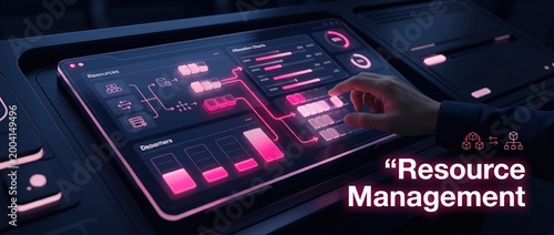 Hand interacting with futuristic digital interface for resource management during dark operation