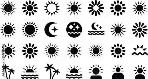 Set of sun weather and tropical beach symbols for summer season and nature related projects