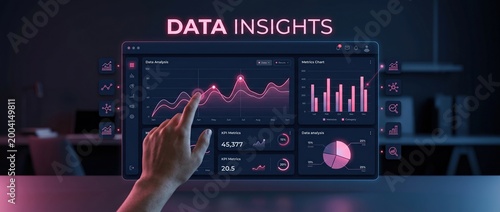 Hand touching digital dashboard displaying graphs and charts with neon lights