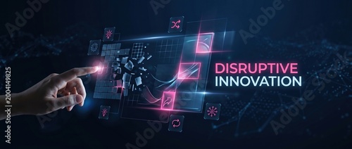 Hand touching holographic screen with disruptive innovation text and digital network