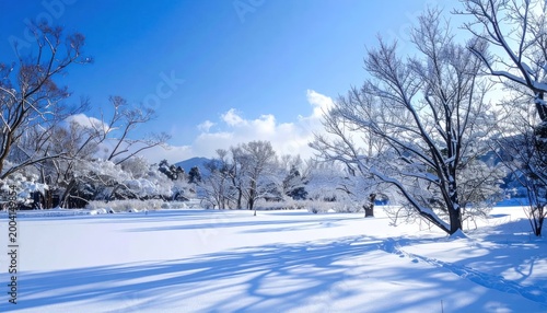 Serene Winter Landscape with Snow-Covered Trees and Bright Blue Sky.