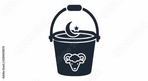 Ram head and crescent moon on bucket icon for Islamic holiday celebration