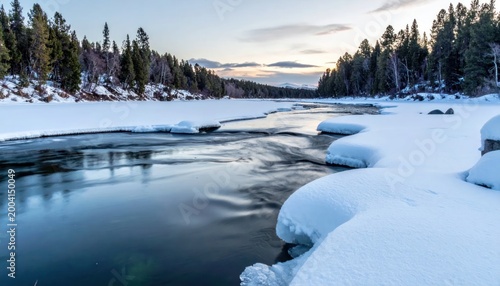 Serene Winter Landscape with Frozen River and Snow-Covered Banks.