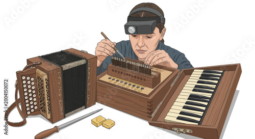 A person repairing a musical instrument with focused precision.