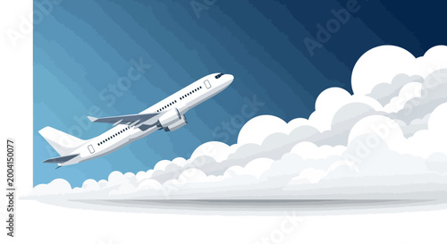 Airplane ascends into the sky above fluffy clouds.