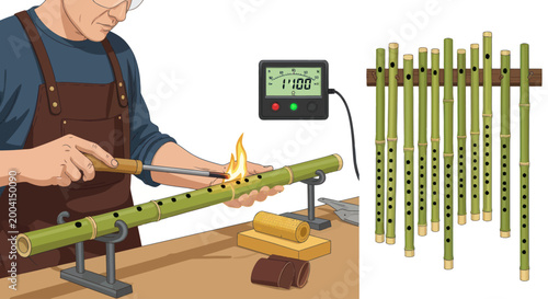 Craftsman making a traditional bamboo flute in a workshop illustration