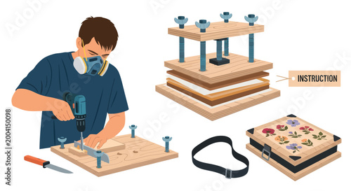 Man crafting a flower press with a drill and instructions.