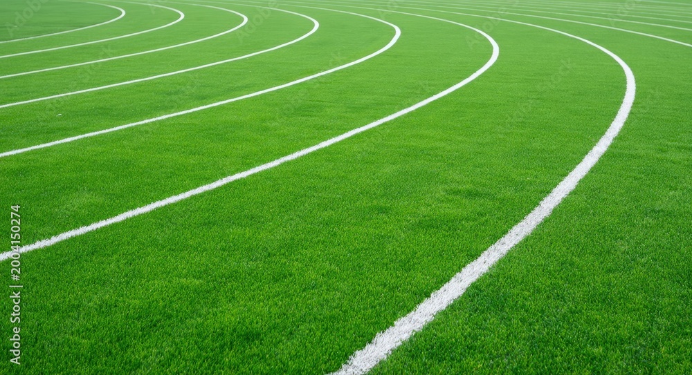 Fototapeta premium Curved white lane markings on a green synthetic running track under bright conditions.