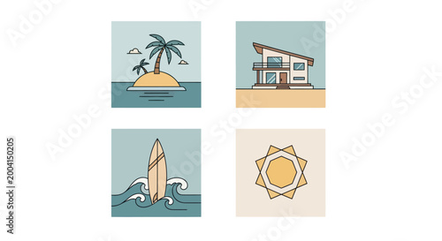 Minimalist line art icons of a tropical island, beach house, surfboard, and sun.