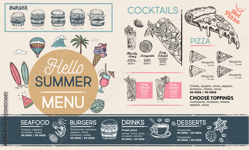 Summer menu, template design. Food flyer. Hand-drawn style. 