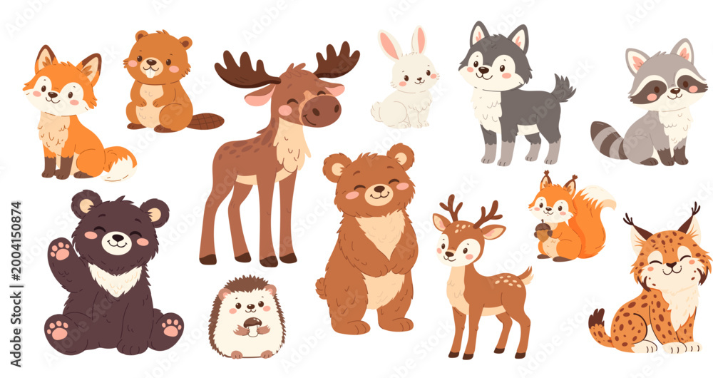 Obraz premium Set of flat vector illustrations. Forest animals, bear hare moose deer hedgehog fox squirrel raccoon beaver wolf