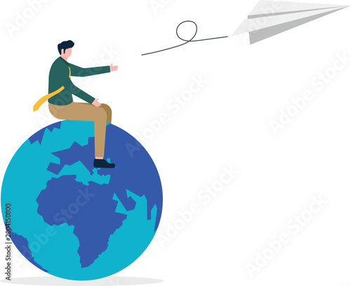 Professional on world globe throwing paper plane
