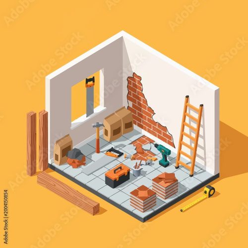 Isometric illustration of a room under construction with tools and building materials.