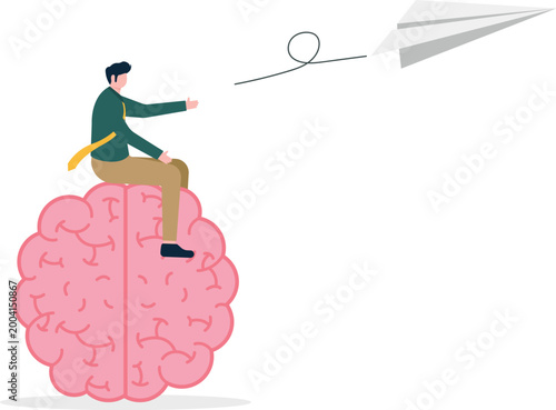 Professional on giant brain throwing paper plane