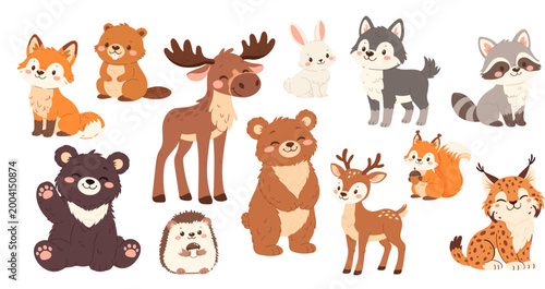 Set of flat vector illustrations. Forest animals, bear hare moose deer hedgehog fox squirrel raccoon beaver wolf