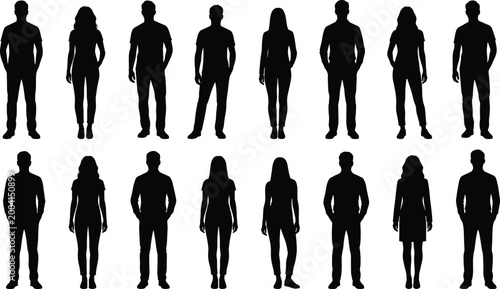 Slika na platnu Sixteen diverse human silhouettes in standing poses representing gender and body