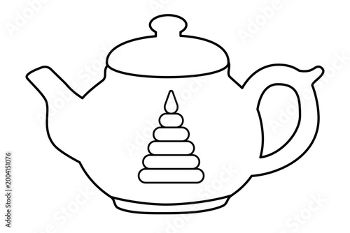 Teapot with stacking rings. Outline illustration of herbal tea for babys intellectual development physical growth and first steps. Infant care and play concept