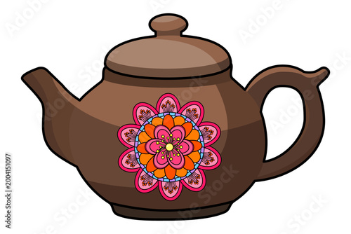 Brown teapot adorned with vibrant mandala flower design. Bohemian tea ritual vessel for mindfulness and zen meditation practices in spiritual healing decor