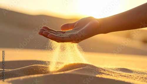 Sand Falling Through Hand in Golden Desert Sunset Light.
