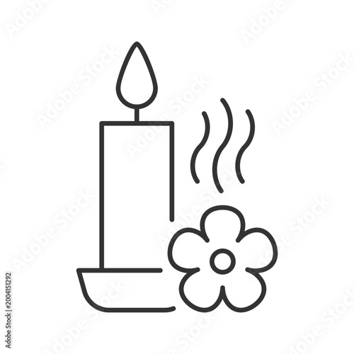 Scented candle linear manual label icon. Fragrant oils, wax mixture. Thin line customizable illustration. Contour symbol. Vector isolated outline drawing for product use instructions. Editable stroke