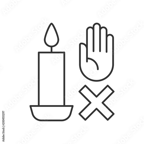 Never touch burning candle linear manual label icon. Safety measures. Thin line customizable illustration. Contour symbol. Vector isolated outline drawing for product use instructions. Editable stroke