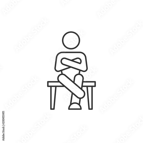 Closed body language linear icon. Crossed legs, arms. Showing discomfort. Nonverbal communication. Thin line customizable illustration. Contour symbol. Vector isolated outline drawing. Editable stroke