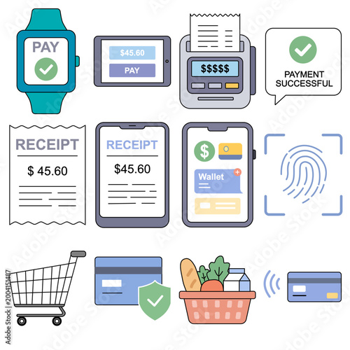 Ecommerce and Payment Icon Set Shopping Cart Receipt Wallet NFC Flat Vector Collection