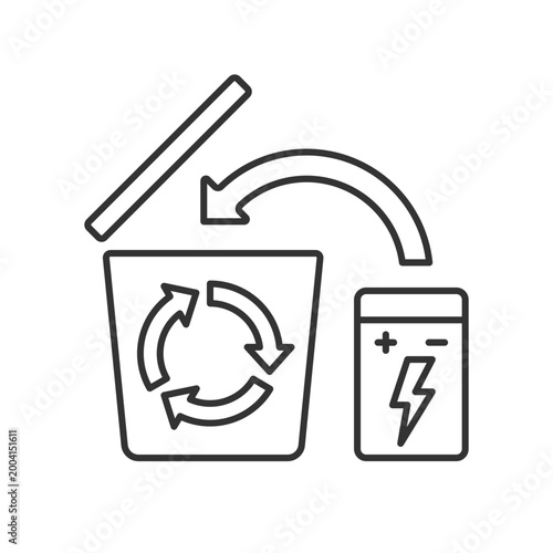 Battery recycling linear manual label icon. Charger disposal. Thin line customizable illustration. Contour symbol. Vector isolated outline drawing for product use instructions. Editable stroke