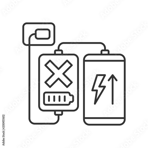Charging, discharging powerbank linear manual label icon. Thin line customizable illustration. Contour symbol. Vector isolated outline drawing for product use instructions. Editable stroke