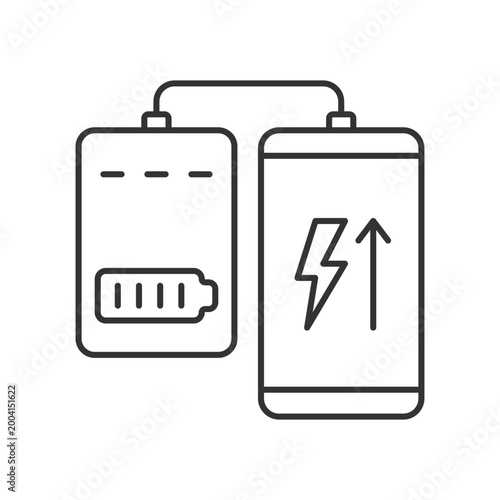 Powerbank for mobile phone linear manual label icon. Connect device. Thin line customizable illustration. Contour symbol. Vector isolated outline drawing for product use instructions. Editable stroke