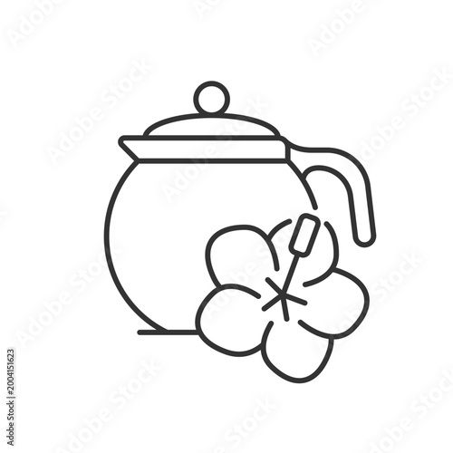 Hibiscus tea linear icon. Carcade beverage. Red tea from dried petals. Help reduce blood pressure. Thin line customizable illustration. Contour symbol. Vector isolated outline drawing. Editable stroke