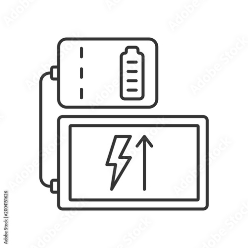 Powerbank for tablet linear manual label icon. Charger compatibility. Thin line customizable illustration. Contour symbol. Vector isolated outline drawing for product use instructions. Editable stroke
