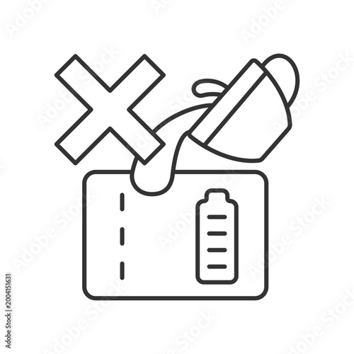 Dont spill on powerbank linear manual label icon. Mishandling use. Thin line customizable illustration. Contour symbol. Vector isolated outline drawing for product use instructions. Editable stroke