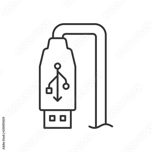 USB output linear manual label icon. Standard cable connection. Thin line customizable illustration. Contour symbol. Vector isolated outline drawing for product use instructions. Editable stroke