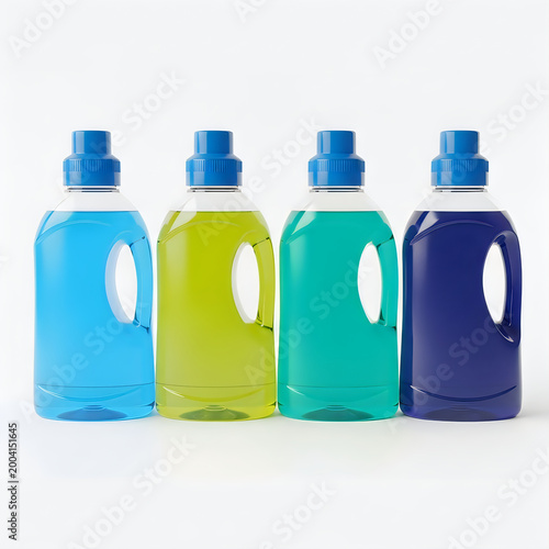 Four colorful liquid detergent bottles in a row