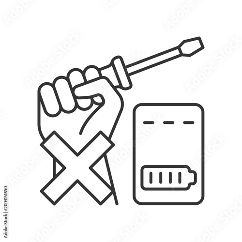 Dont repair power bank by yourself linear manual label icon. Thin line customizable illustration. Contour symbol. Vector isolated outline drawing for product use instructions. Editable stroke