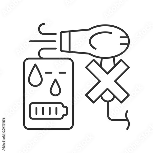 No hair dryer if powerbank wet linear manual label icon. Overheating. Thin line customizable illustration. Contour symbol. Vector isolated outline drawing for product use instructions. Editable stroke