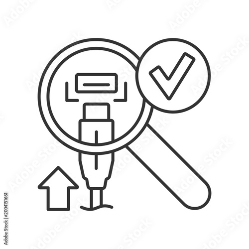 Check if connector and port match linear manual label icon. Thin line customizable illustration. Contour symbol. Vector isolated outline drawing for product use instructions. Editable stroke