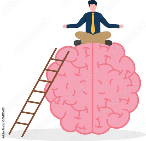 Professional meditating on giant brain with ladder
