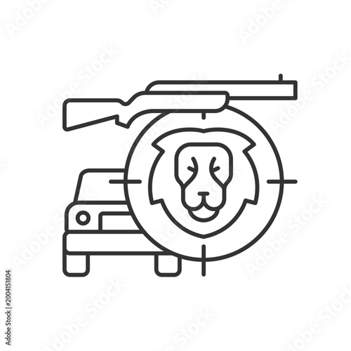 Safari linear icon. Wildlife animals viewing and hunting. African journey. Safari vehicle. Thin line customizable illustration. Contour symbol. Vector isolated outline drawing. Editable stroke
