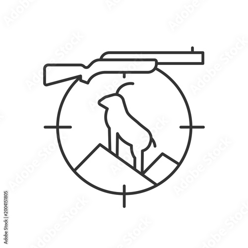 Mountain hunting linear icon. Preparation for mountain hunt. Pursue and capture sheep and goat. Thin line customizable illustration. Contour symbol. Vector isolated outline drawing. Editable stroke