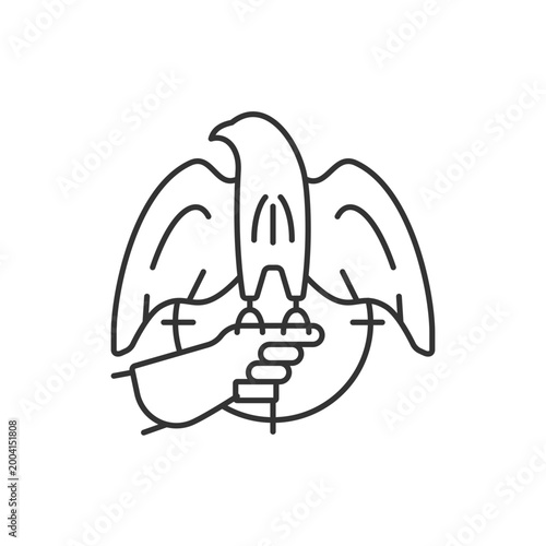 Falconry hunting linear icon. Trained hawk, eagle captures small animals. Bird of prey. Thin line customizable illustration. Contour symbol. Vector isolated outline drawing. Editable stroke