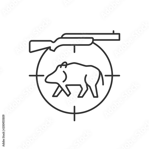 Wild boar hunting linear icon. Capture and kill wild hog. Ferral peccary and pig. Wildlife animal. Thin line customizable illustration. Contour symbol. Vector isolated outline drawing. Editable stroke