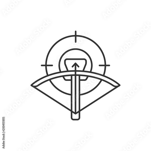 Hunting with crossbow linear icon. Archery season. Use camouflage and game call to attract prey. Thin line customizable illustration. Contour symbol. Vector isolated outline drawing. Editable stroke